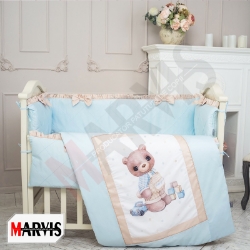 Set lenjerie pătuț pentru bebeluși / copii 8 piese, model Teddy 3D, culoare albastră